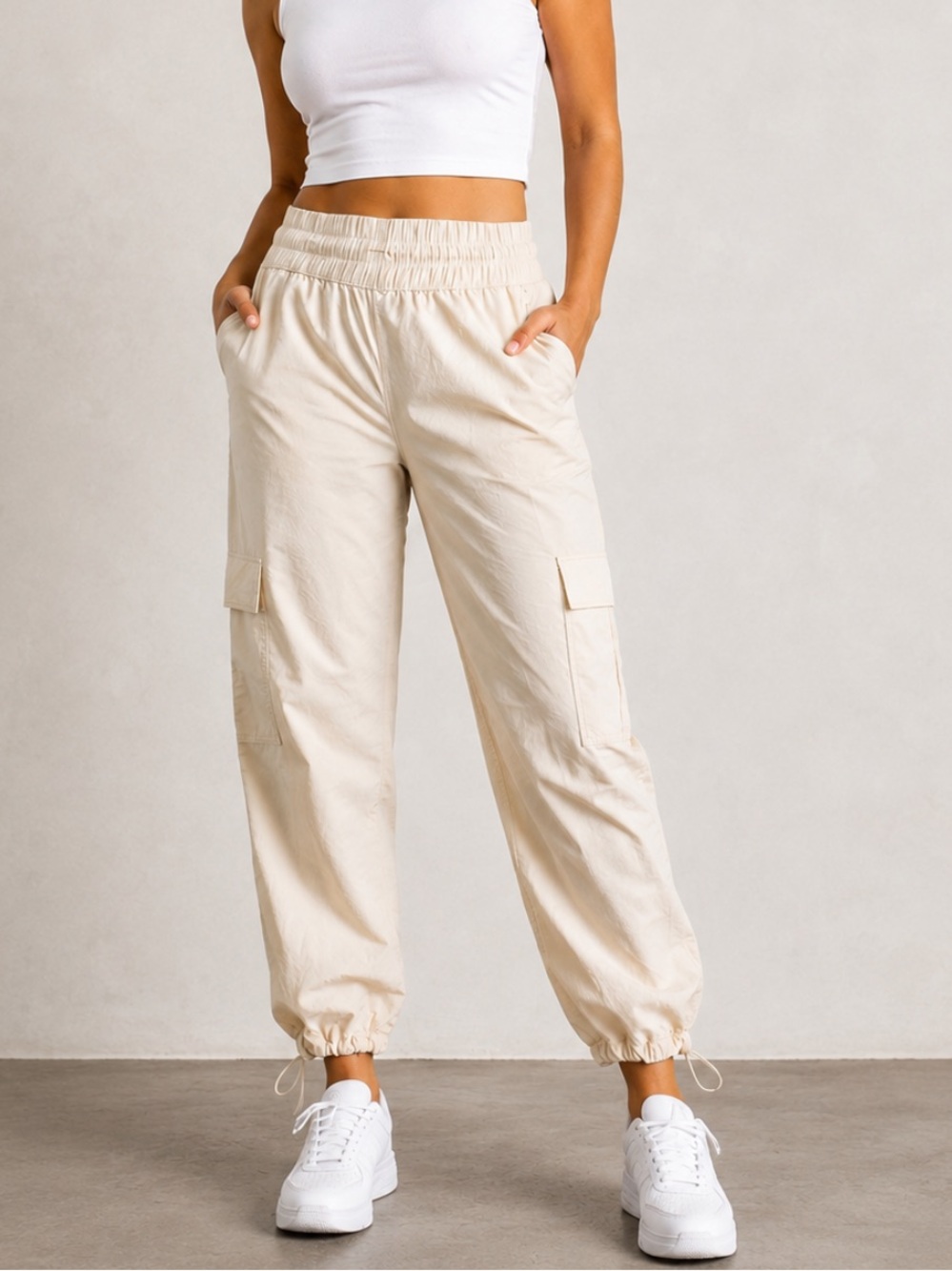 Joy Lab Cargo Jogger Pants Creme Nylon Stretch Drawstring Ankle Utility (L)